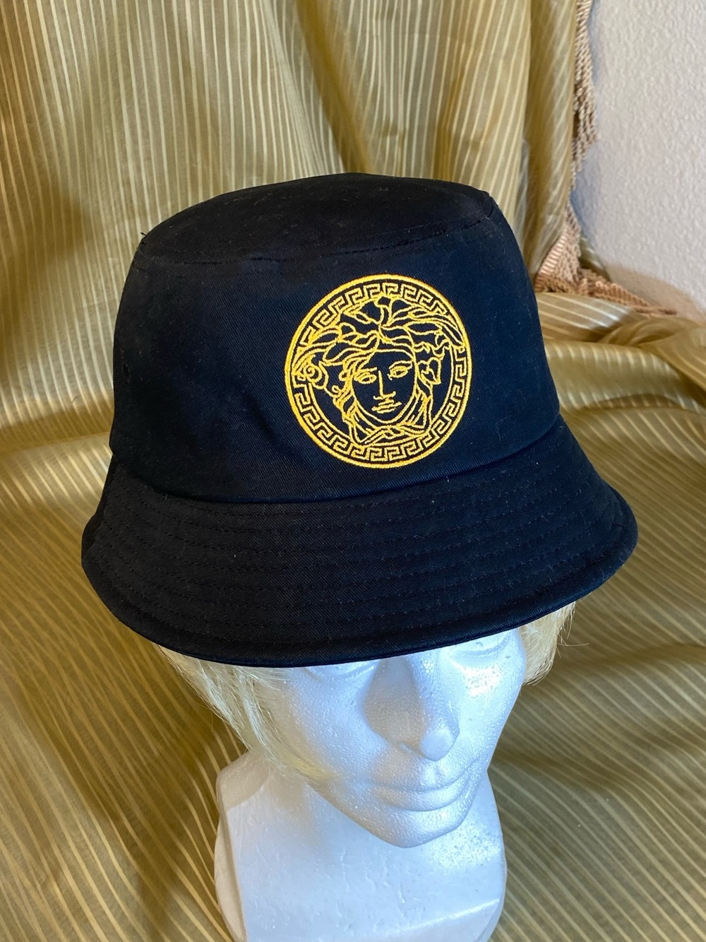 VERSACE Women Black Bucket Hat with Gold Medusa Emblem Cotton, Stitched Logo